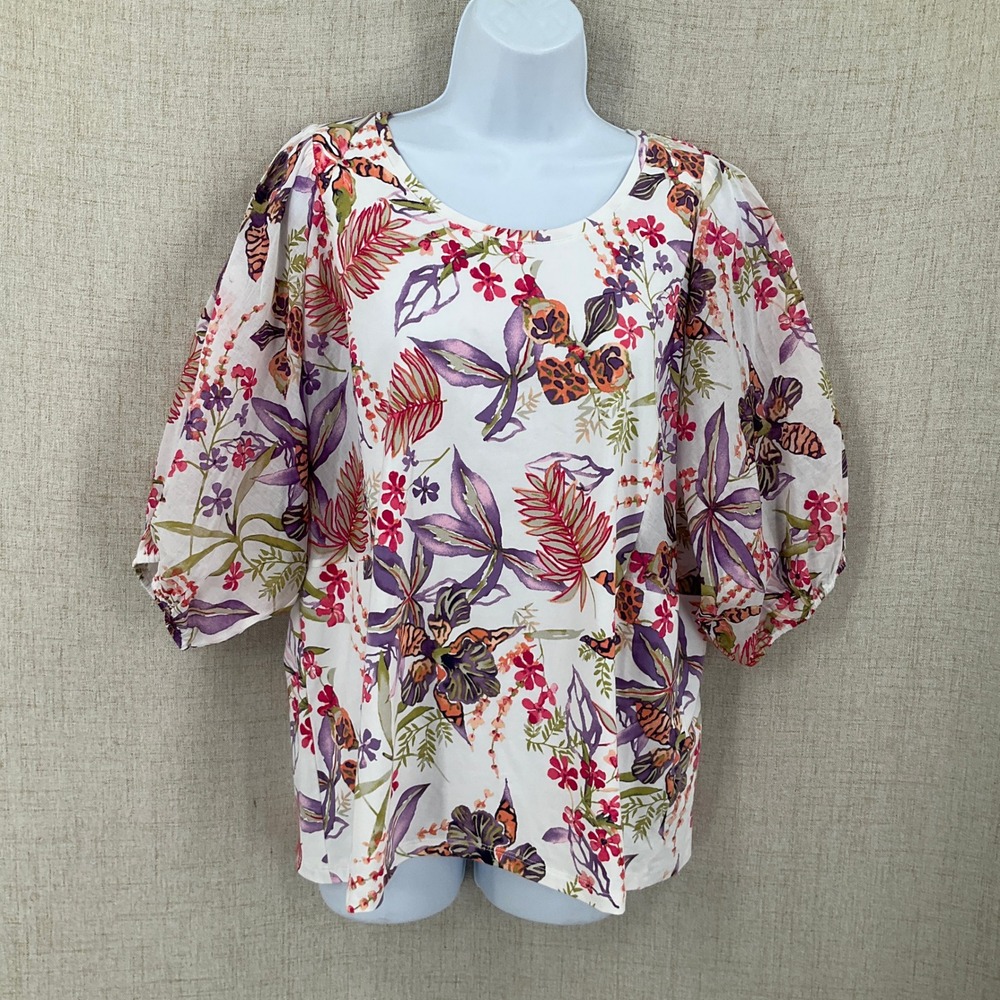 Chico's Blouse Women L White‎ Cotton Stretch Floral Puff Sleeve Boho Classic